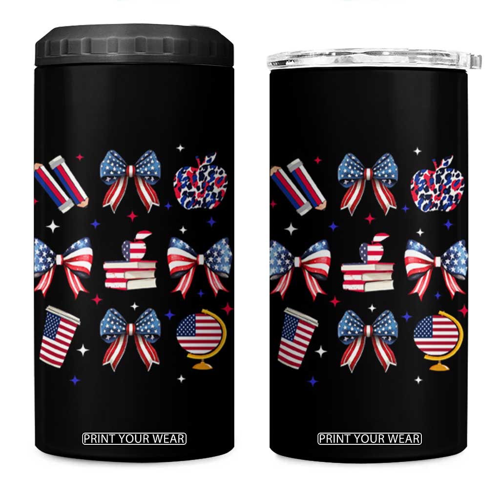 4th of July Teacher Student 4 in 1 Can Cooler Tumbler Patriotic Teaching Learning Retro Coquette TS02 One Size: 16 oz Black Print Your Wear