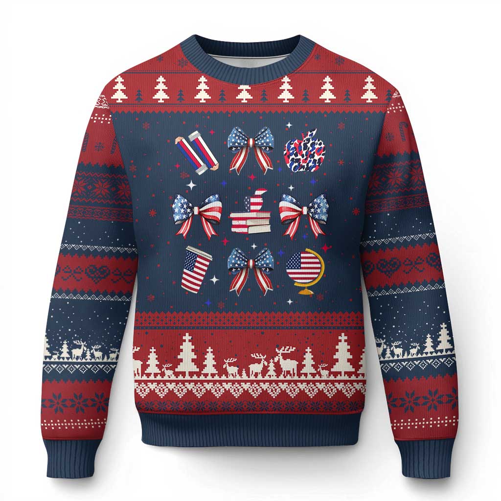 4th of July Teacher Student Ugly Christmas Sweater Patriotic Teaching Learning Retro Coquette TS02 Navy Red Print Your Wear