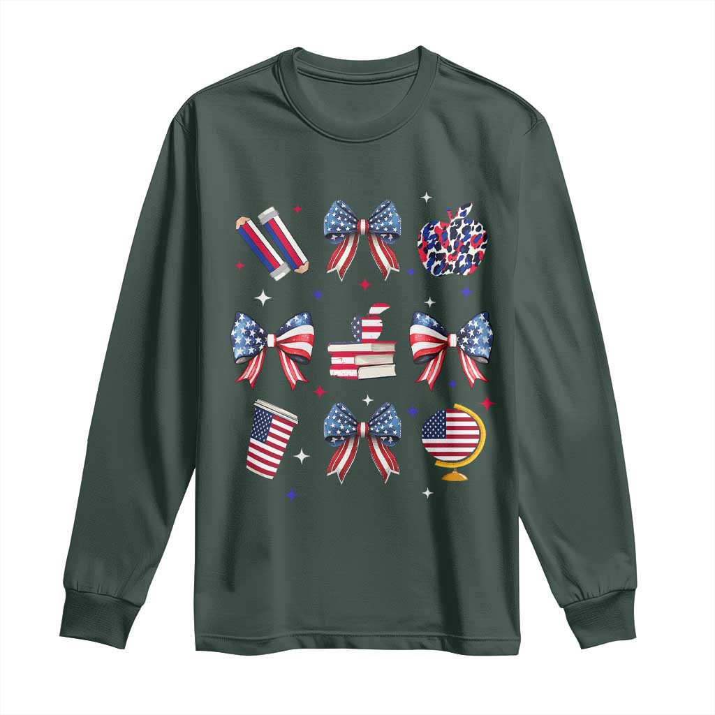 4th of July Teacher Student Long Sleeve Shirt Patriotic Teaching Learning Retro Coquette TS02 Dark Forest Green Print Your Wear