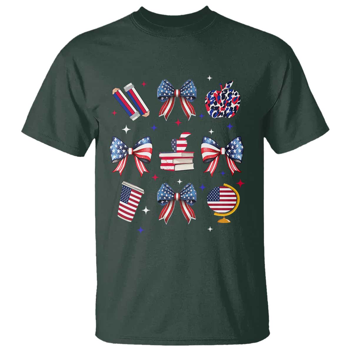 4th of July Teacher Student T Shirt Patriotic Teaching Learning Retro Coquette TS02 Dark Forest Green Print Your Wear