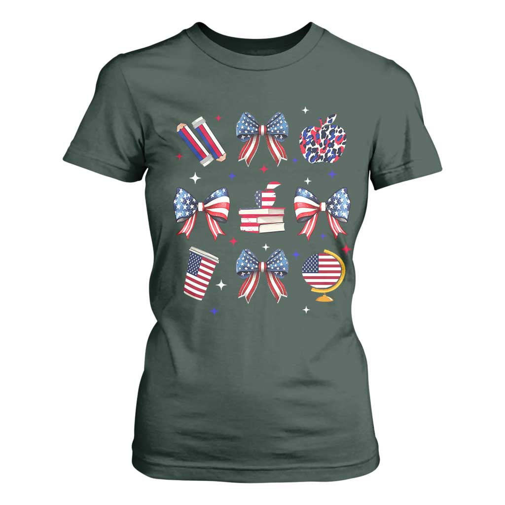 4th of July Teacher Student T Shirt For Women Patriotic Teaching Learning Retro Coquette TS02 Dark Forest Green Print Your Wear