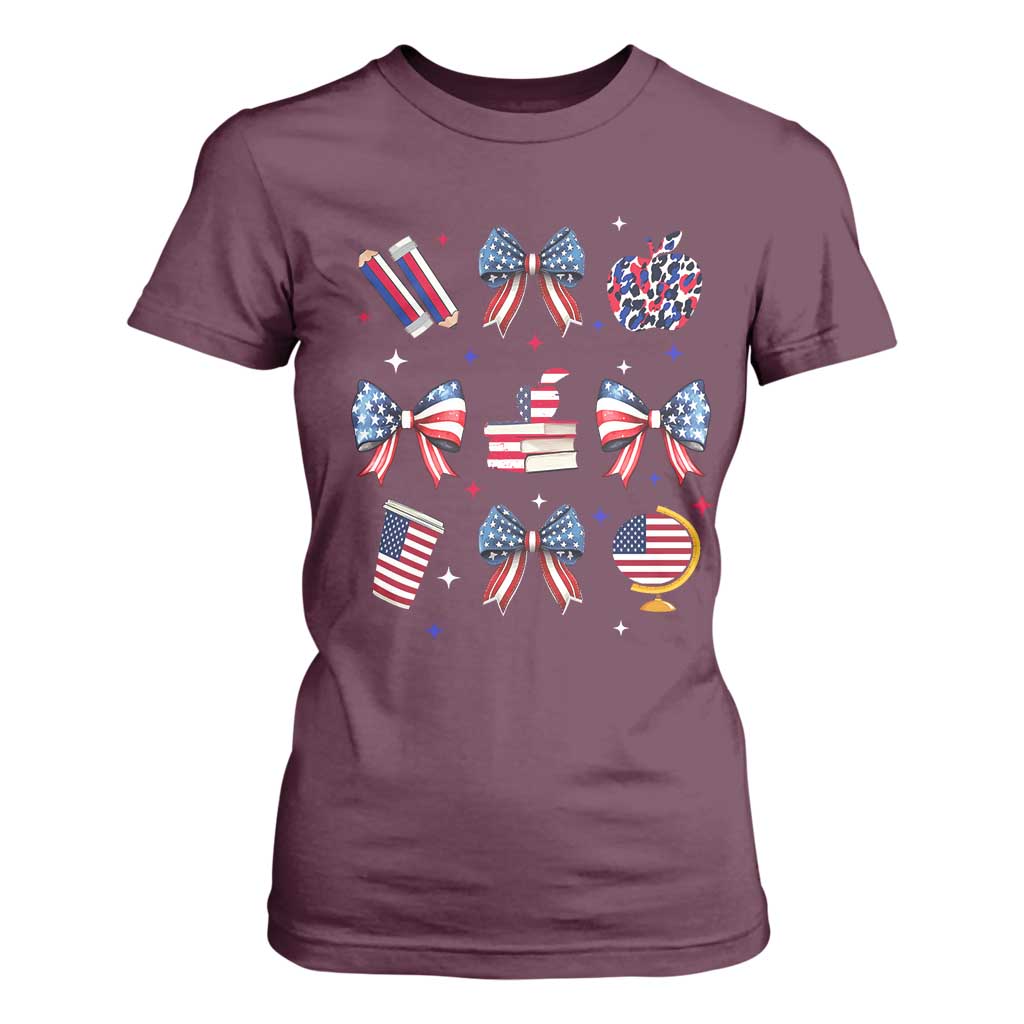 4th of July Teacher Student T Shirt For Women Patriotic Teaching Learning Retro Coquette TS02 Maroon Print Your Wear