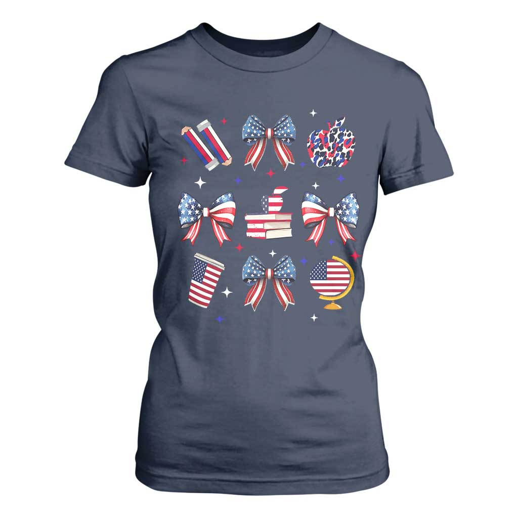 4th of July Teacher Student T Shirt For Women Patriotic Teaching Learning Retro Coquette TS02 Navy Print Your Wear