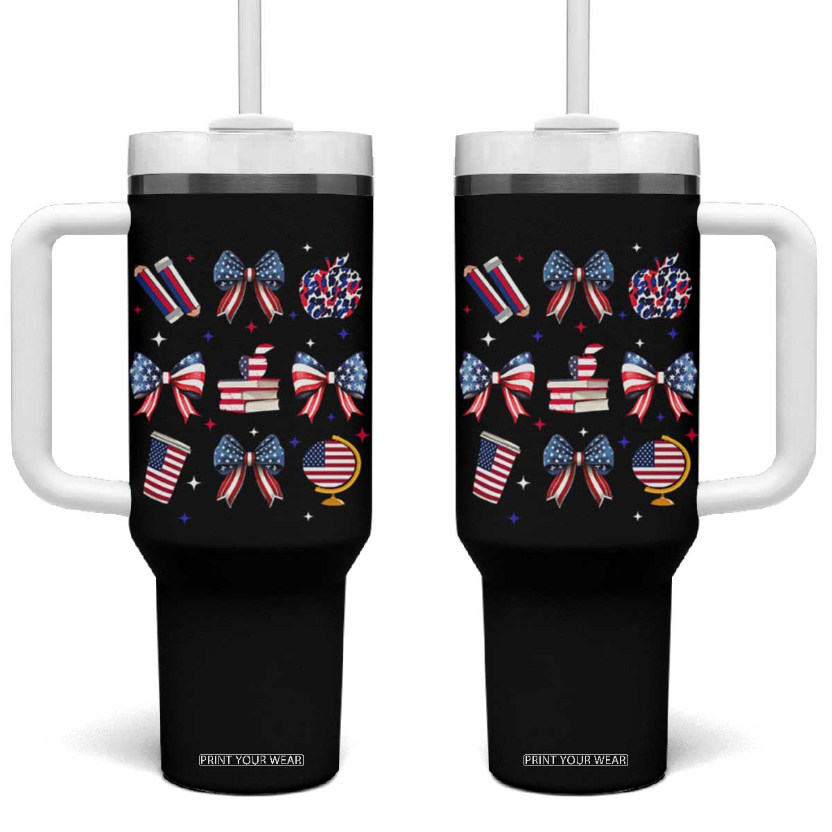 4th of July Teacher Student Tumbler With Handle Patriotic Teaching Learning Retro Coquette TS02 One Size: 40 oz Black Print Your Wear