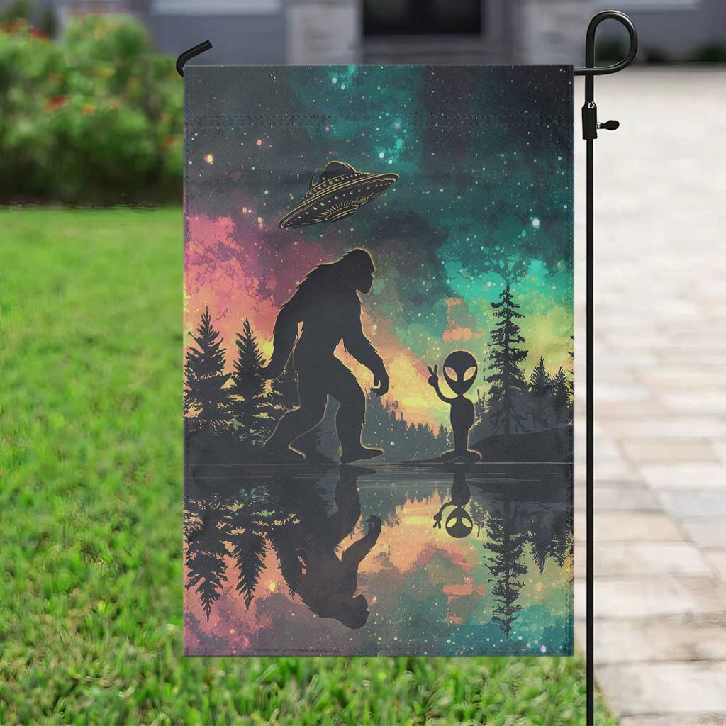 Bigfoot and Alien Garden Flag UFO Themed