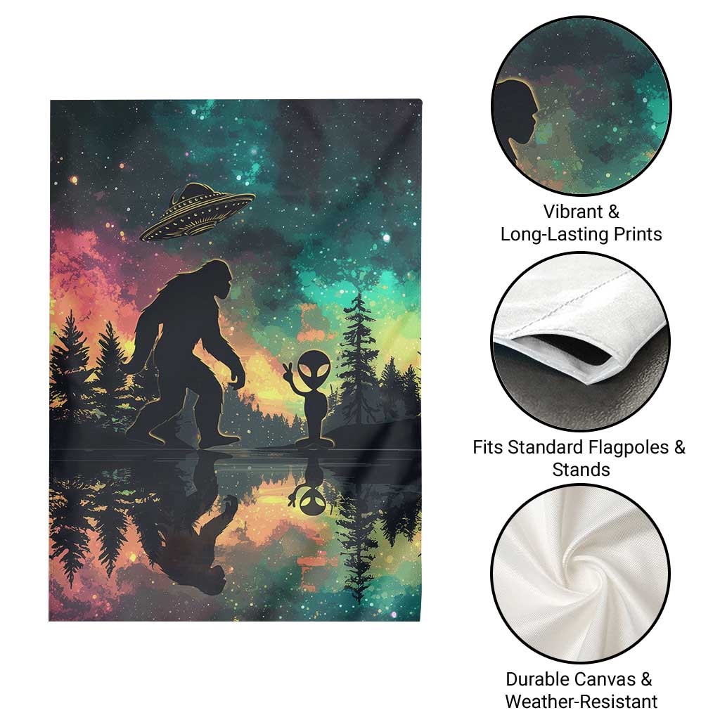 Bigfoot and Alien Garden Flag UFO Themed