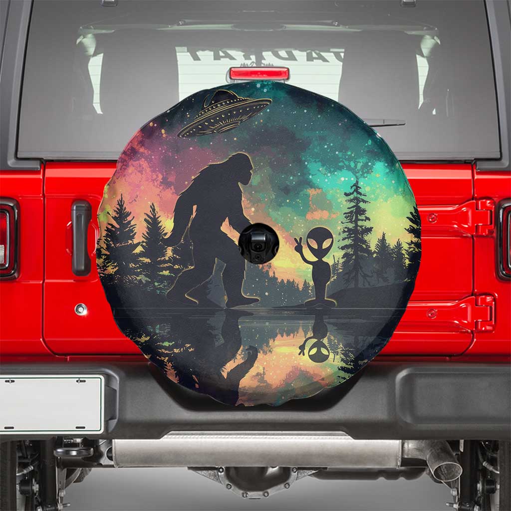 Bigfoot and Alien Spare Tire Cover UFO Themed TS02 Black Print Your Wear