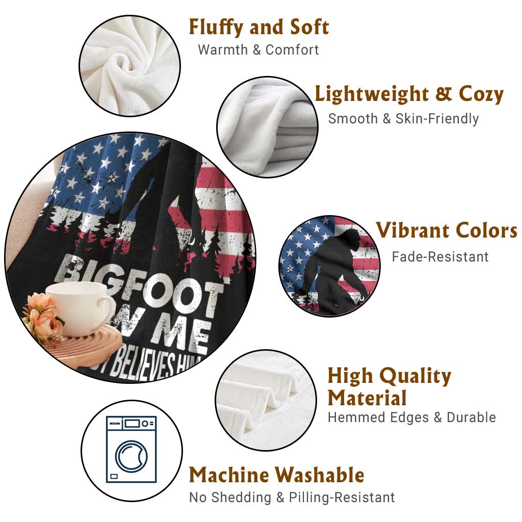 Funny Patriotic Sasquatch Throw Blanket Bigfoot Saw Me But Nobody Believes Him American Flag TS02 Print Your Wear