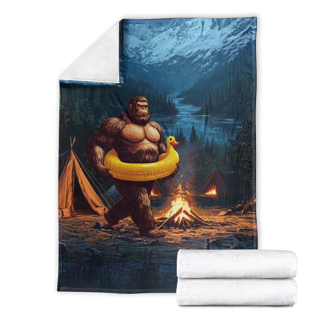 Funny Bigfoot with Duck Floatie Throw Blanket Sasquatch Camping Night