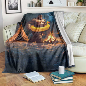 Funny Bigfoot with Duck Floatie Throw Blanket Sasquatch Camping Night