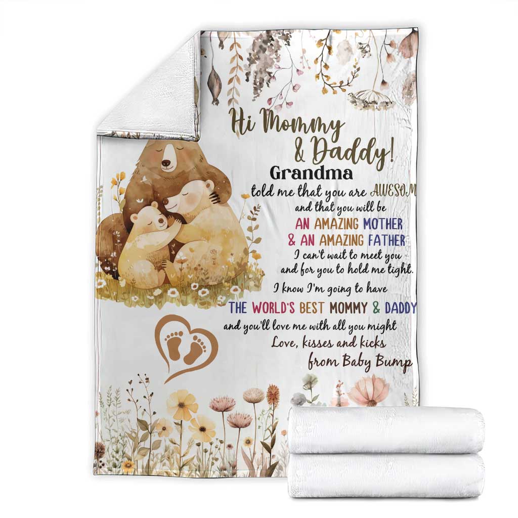 Cute Bear Family Baby Bump Love Message Throw Blanket Hi Mommy & Daddy Baby Announcement New Parents TS02 White Print Your Wear