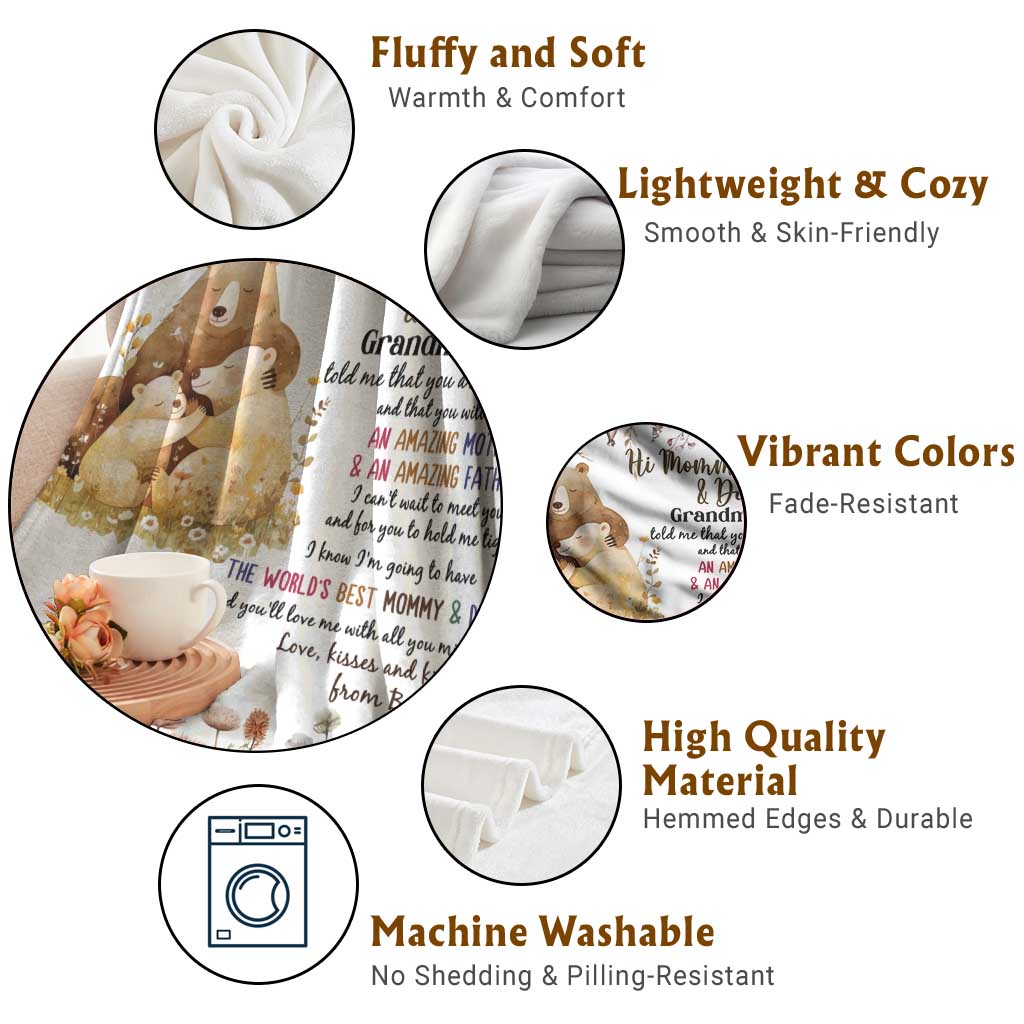 Cute Bear Family Baby Bump Love Message Throw Blanket Hi Mommy & Daddy Baby Announcement New Parents TS02 Print Your Wear