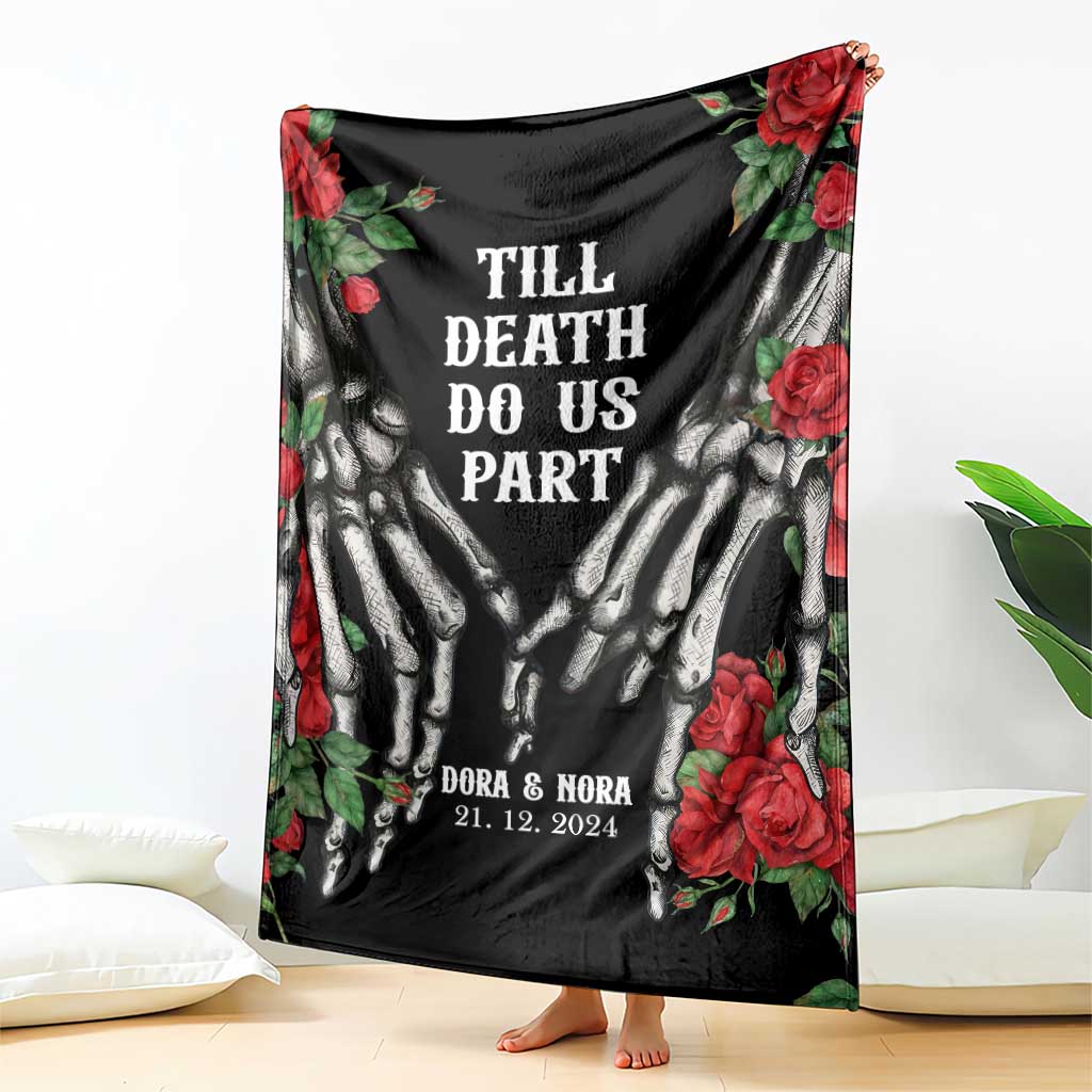Personalized Roses Skeleton Couple Throw Blanket Custome Name and Date Till Death Do Us Apart TS02 Print Your Wear