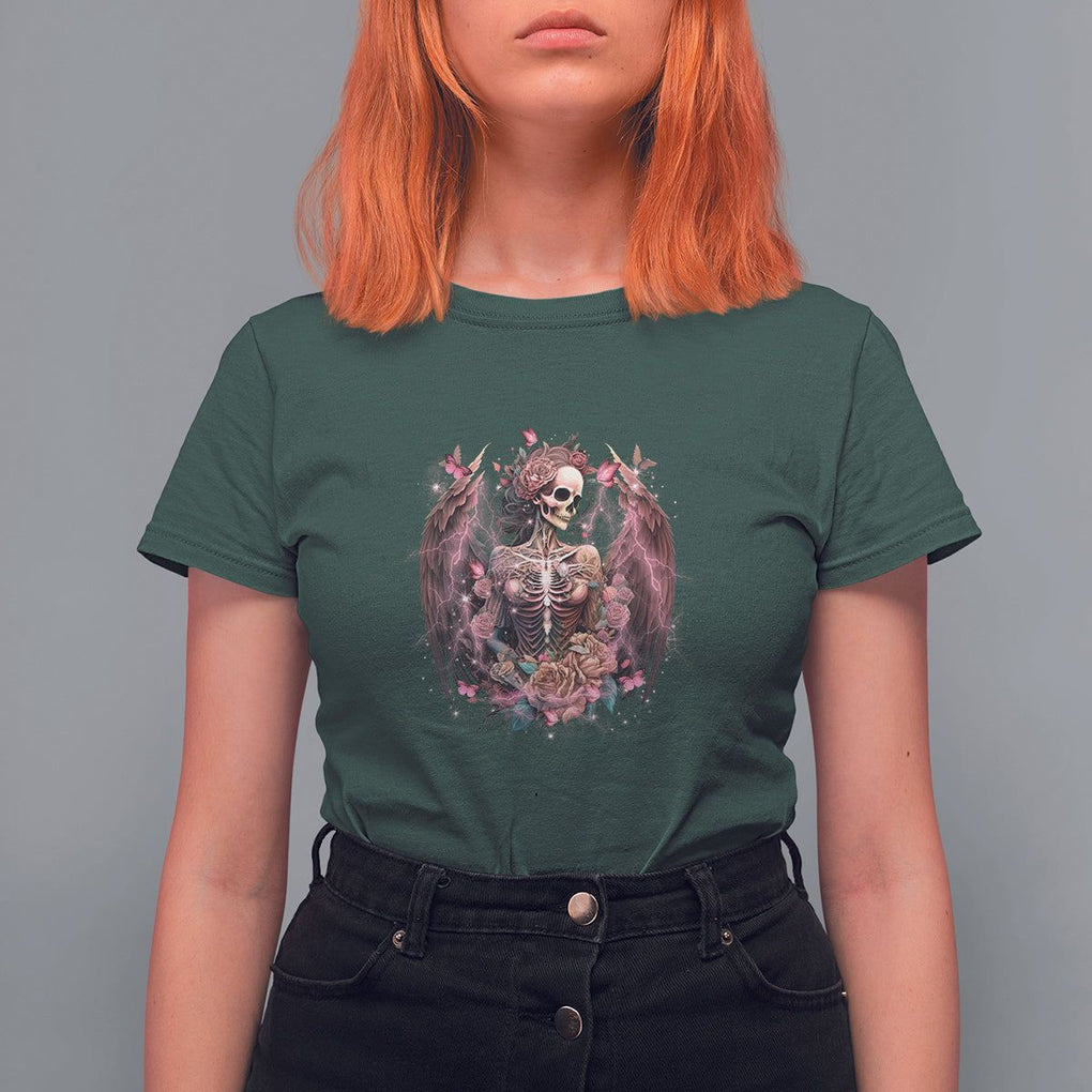 Floral Gothic Skeleton T Shirt For Women Floral Gothic Skeleton Goblincore Karma Fairy Roses Skull Floral Skeleton In My Next Life I Want To Be The Karma Fairy Funny Quote TS02 Dark Forest Green Printyourwear