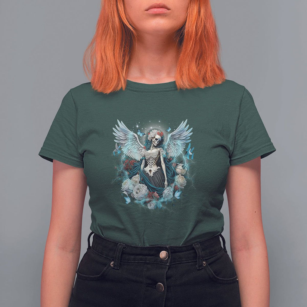 Floral Gothic Skeleton T Shirt For Women Floral Gothic Skeleton Goblincore Karma Fairy Roses Skull Floral Skeleton Angel In My Next Life I Want To Be The Karma Fairy TS02 Dark Forest Green Printyourwear