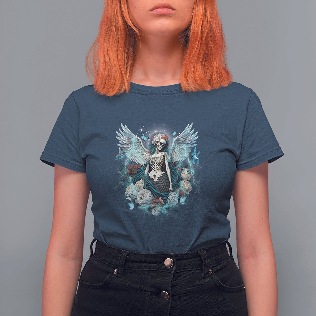 Floral Gothic Skeleton T Shirt For Women Floral Gothic Skeleton Goblincore Karma Fairy Roses Skull Floral Skeleton Angel In My Next Life I Want To Be The Karma Fairy TS02 Navy Printyourwear