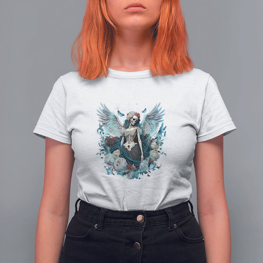 Floral Gothic Skeleton T Shirt For Women Floral Gothic Skeleton Goblincore Karma Fairy Roses Skull Floral Skeleton Angel In My Next Life I Want To Be The Karma Fairy TS02 White Printyourwear