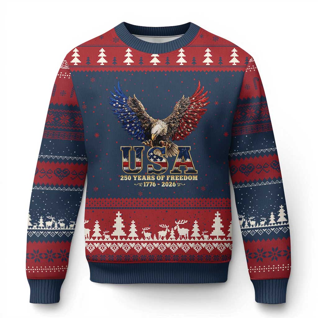 250 Years USA Majestic Bald Eagle Ugly Christmas Sweater American Flag Wings Patriotic Semiquincentennial 250th Anniversary TS02 Navy Red Print Your Wear