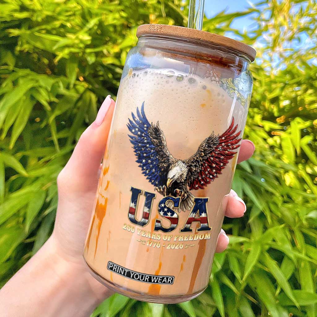 250 Years USA Majestic Bald Eagle Glass Can American Flag Wings Patriotic Semiquincentennial 250th Anniversary TS02 Black Print Your Wear