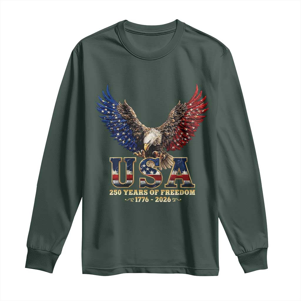 250 Years USA Majestic Bald Eagle Long Sleeve Shirt American Flag Wings Patriotic Semiquincentennial 250th Anniversary TS02 Dark Forest Green Print Your Wear