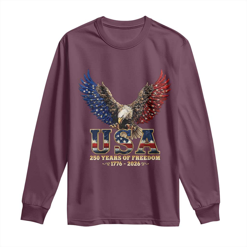 250 Years USA Majestic Bald Eagle Long Sleeve Shirt American Flag Wings Patriotic Semiquincentennial 250th Anniversary TS02 Maroon Print Your Wear
