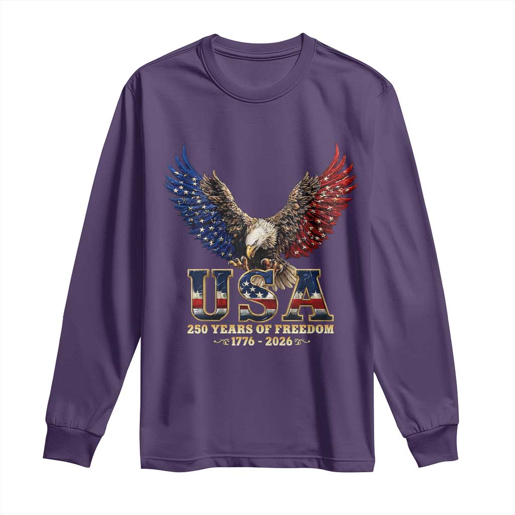 250 Years USA Majestic Bald Eagle Long Sleeve Shirt American Flag Wings Patriotic Semiquincentennial 250th Anniversary TS02 Purple Print Your Wear
