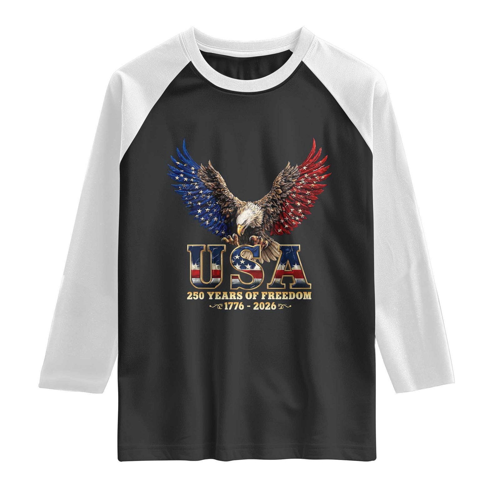 250 Years USA Majestic Bald Eagle Raglan Shirt American Flag Wings Patriotic Semiquincentennial 250th Anniversary TS02 Black White Print Your Wear