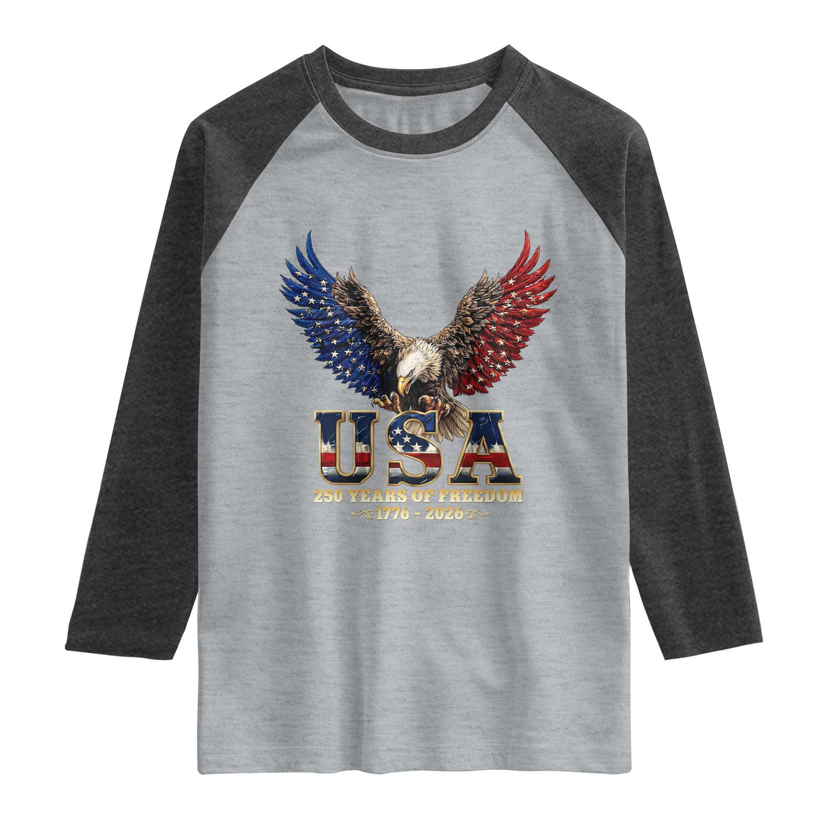 250 Years USA Majestic Bald Eagle Raglan Shirt American Flag Wings Patriotic Semiquincentennial 250th Anniversary TS02 Heather Gray Heather Charcoal Print Your Wear