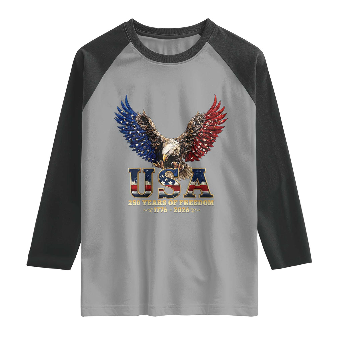 250 Years USA Majestic Bald Eagle Raglan Shirt American Flag Wings Patriotic Semiquincentennial 250th Anniversary TS02 Sport Gray Black Print Your Wear
