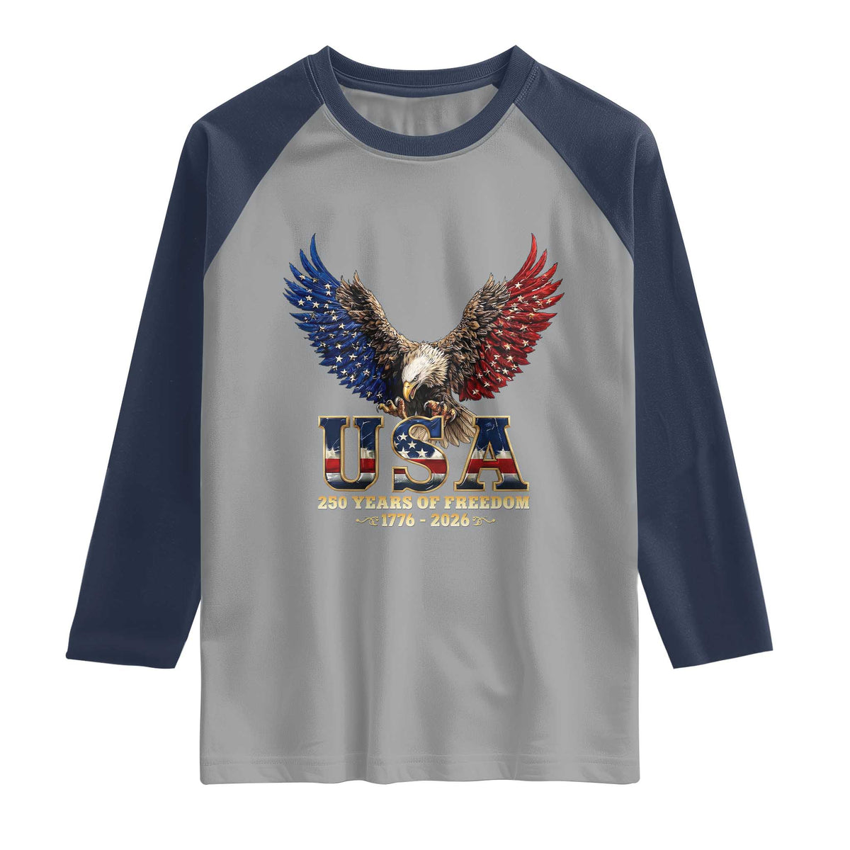250 Years USA Majestic Bald Eagle Raglan Shirt American Flag Wings Patriotic Semiquincentennial 250th Anniversary TS02 Sport Gray Navy Print Your Wear