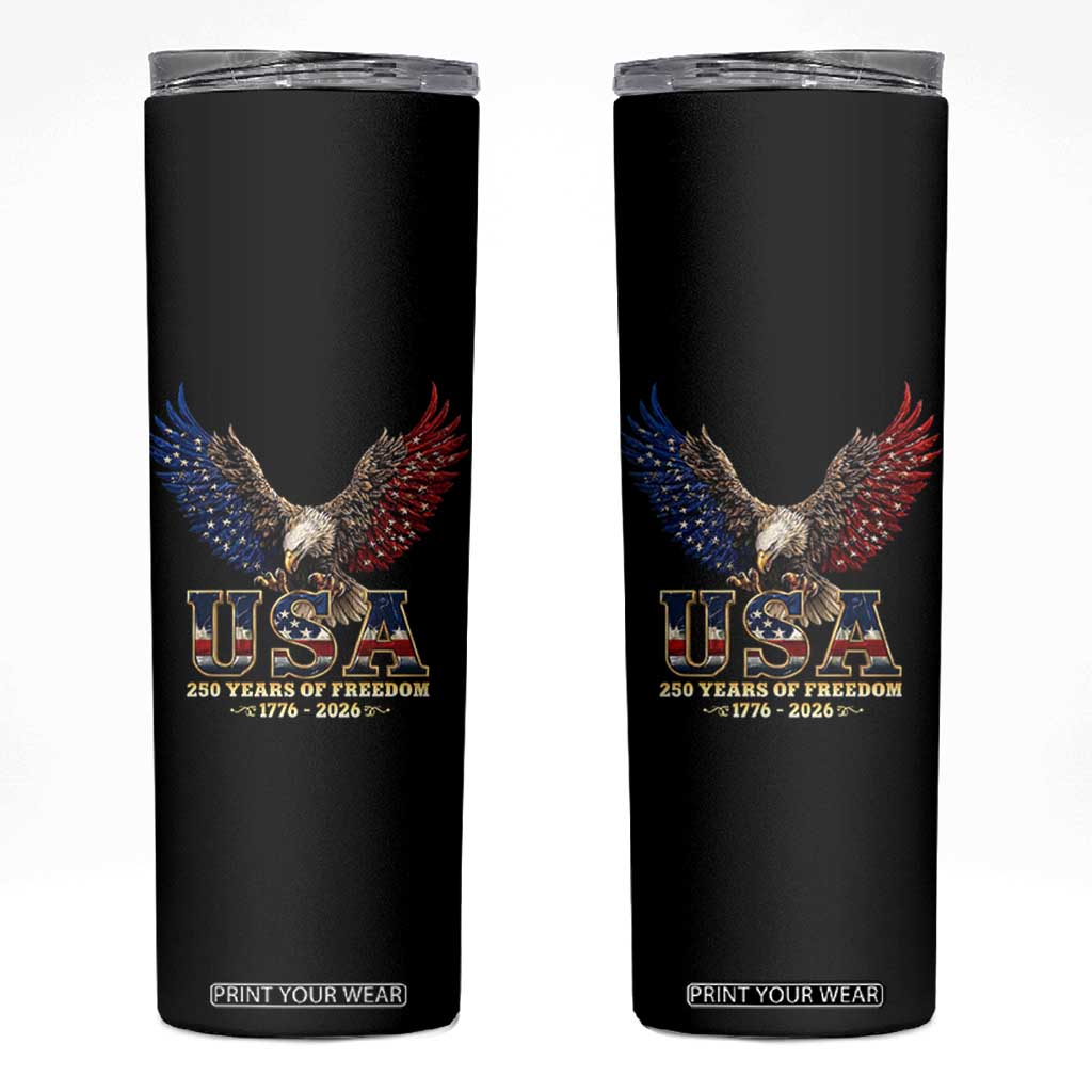 250 Years USA Majestic Bald Eagle Skinny Tumbler American Flag Wings Patriotic Semiquincentennial 250th Anniversary TS02 Black Print Your Wear