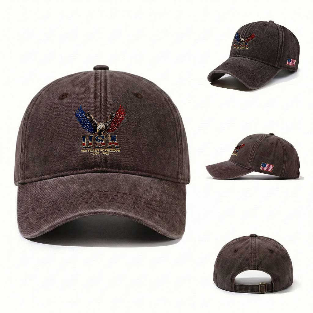 250 Years USA Majestic Bald Eagle Washed Cotton Baseball Cap American Flag Wings Patriotic Semiquincentennial 250th Anniversary TS02 Washed Cap Universal Fit Dark Brown Print Your Wear