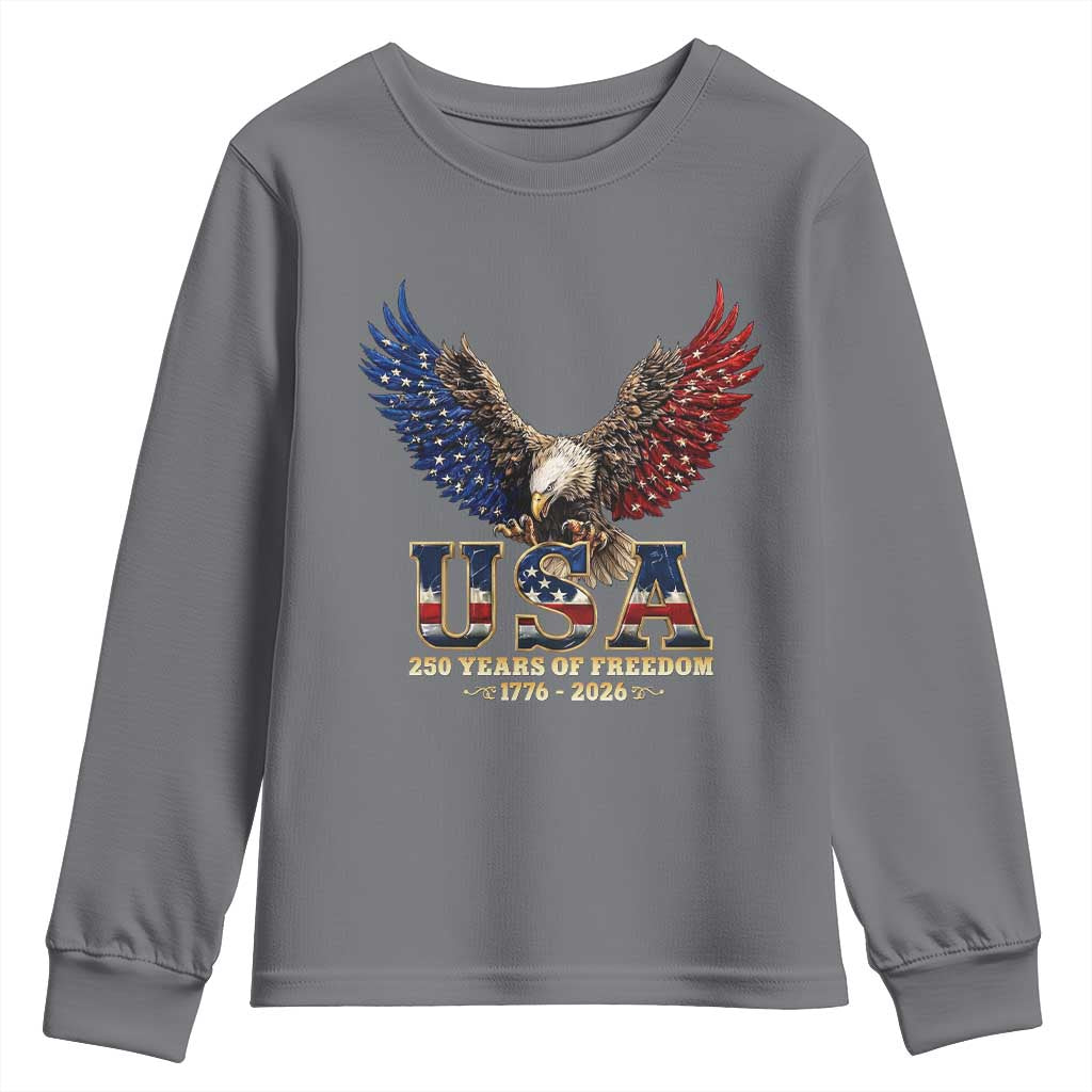 250 Years USA Majestic Bald Eagle Youth Sweatshirt American Flag Wings Patriotic Semiquincentennial 250th Anniversary TS02 Charcoal Print Your Wear