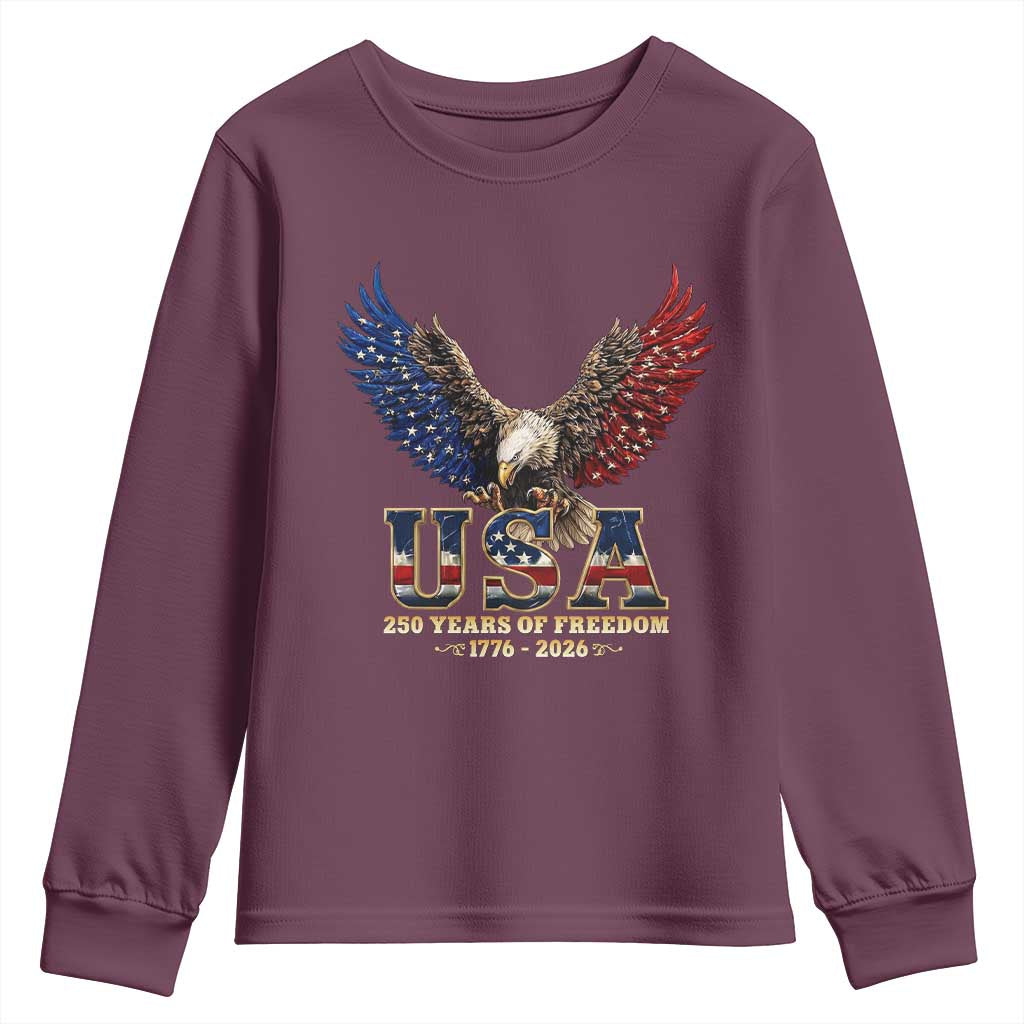 250 Years USA Majestic Bald Eagle Youth Sweatshirt American Flag Wings Patriotic Semiquincentennial 250th Anniversary TS02 Maroon Print Your Wear