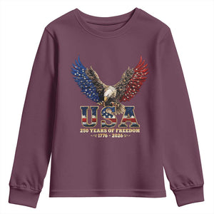 250 Years USA Majestic Bald Eagle Youth Sweatshirt American Flag Wings Patriotic Semiquincentennial 250th Anniversary TS02 Maroon Print Your Wear
