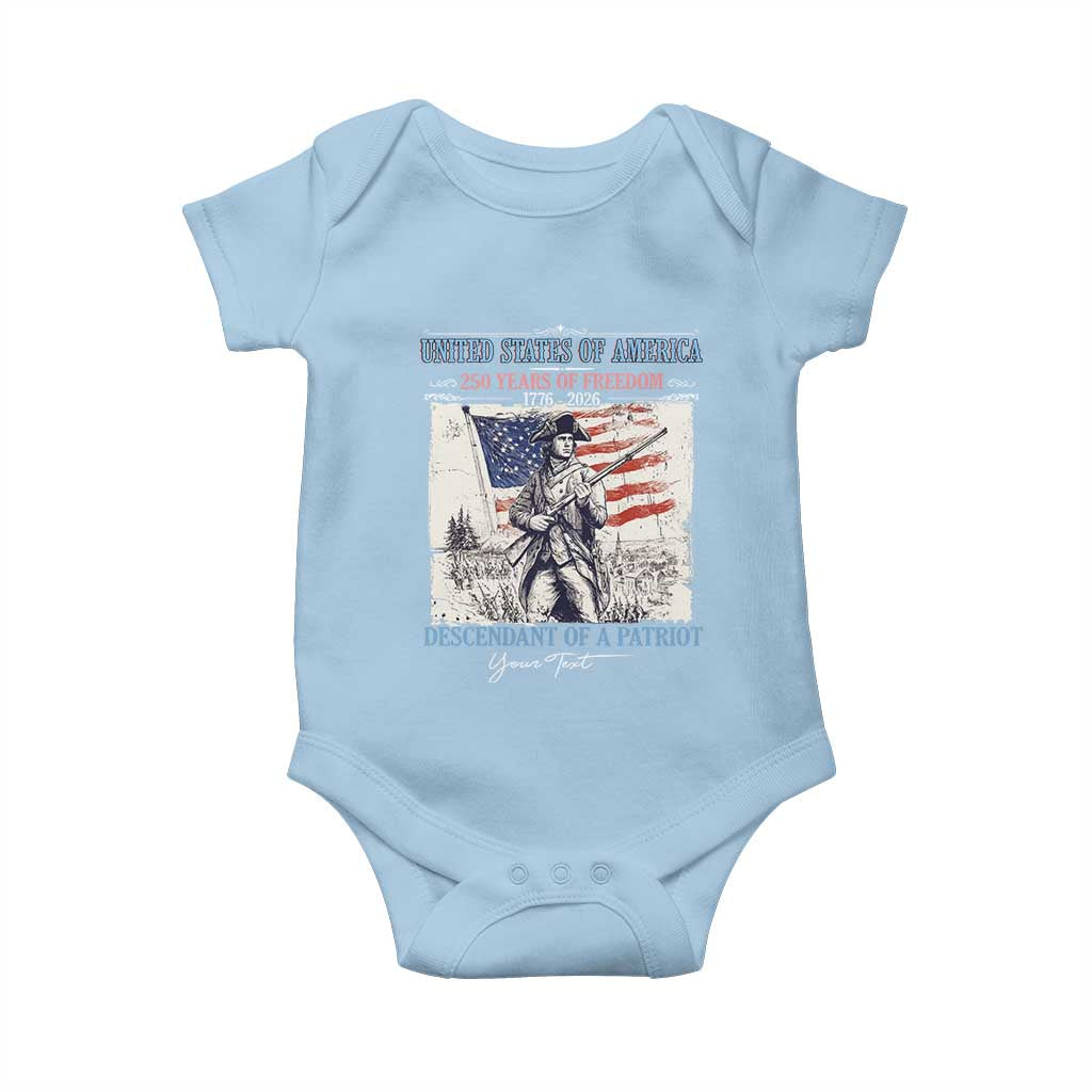 Custom Name Descendant of a Patriot USA 250 Years of Freedom Personalized Baby Onesie 1776-2026 Revolutionary War Heritage TS02 Light Blue Print Your Wear