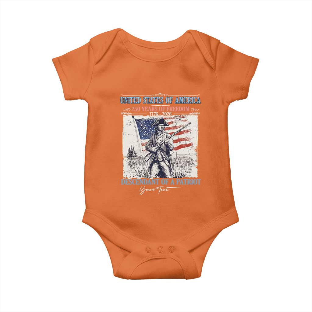 Custom Name Descendant of a Patriot USA 250 Years of Freedom Personalized Baby Onesie 1776-2026 Revolutionary War Heritage TS02 Orange Print Your Wear