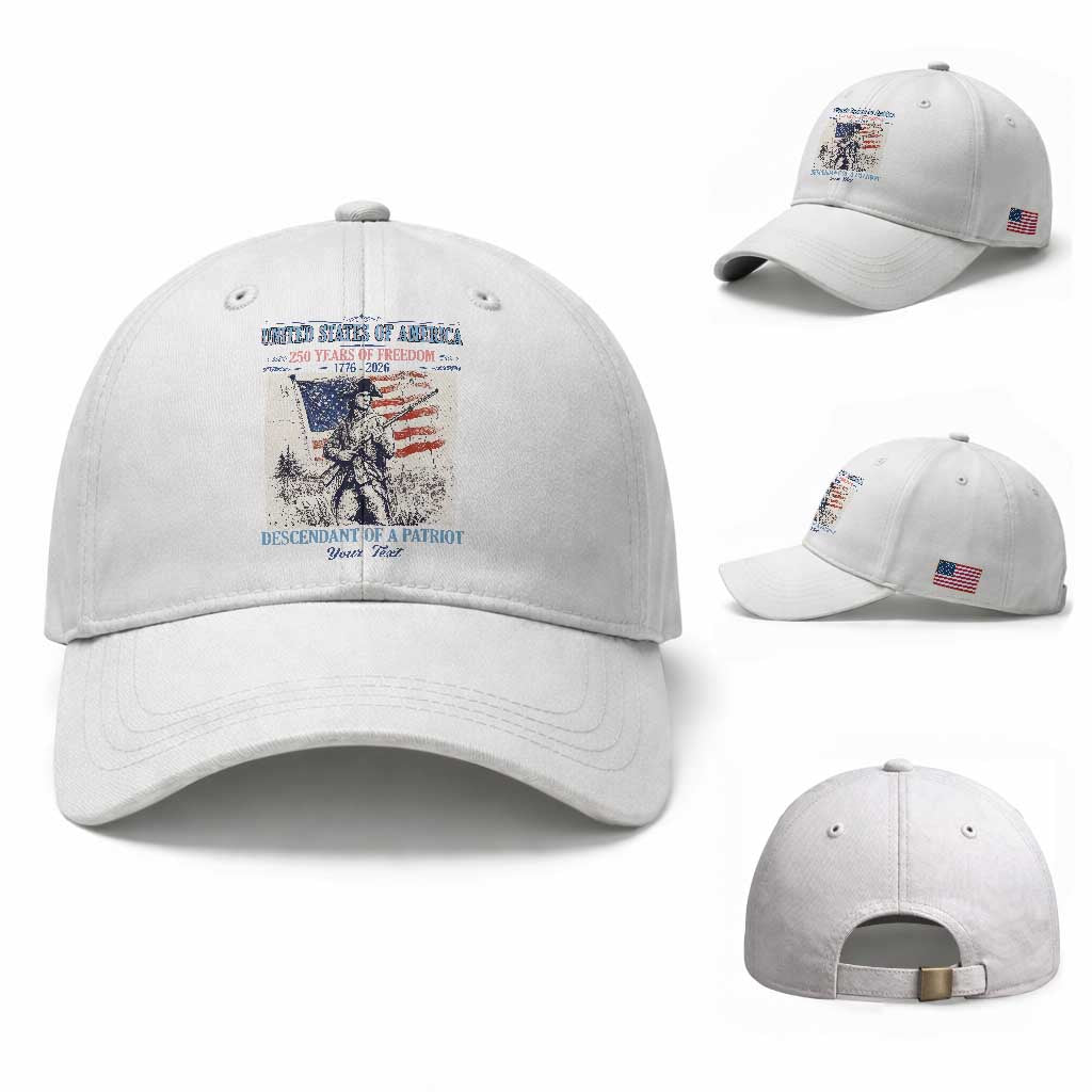 Custom Name Descendant of a Patriot USA 250 Years of Freedom Personalized Baseball Cap 1776-2026 Revolutionary War Heritage TS02 Baseball Cap Universal Fit White Print Your Wear