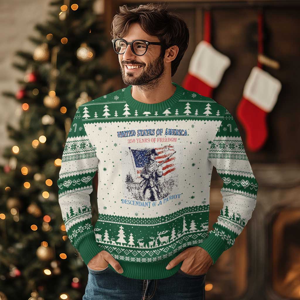Custom Name Descendant of a Patriot USA 250 Years of Freedom Personalized Ugly Christmas Sweater 1776-2026 Revolutionary War Heritage TS02 Beige Green Print Your Wear