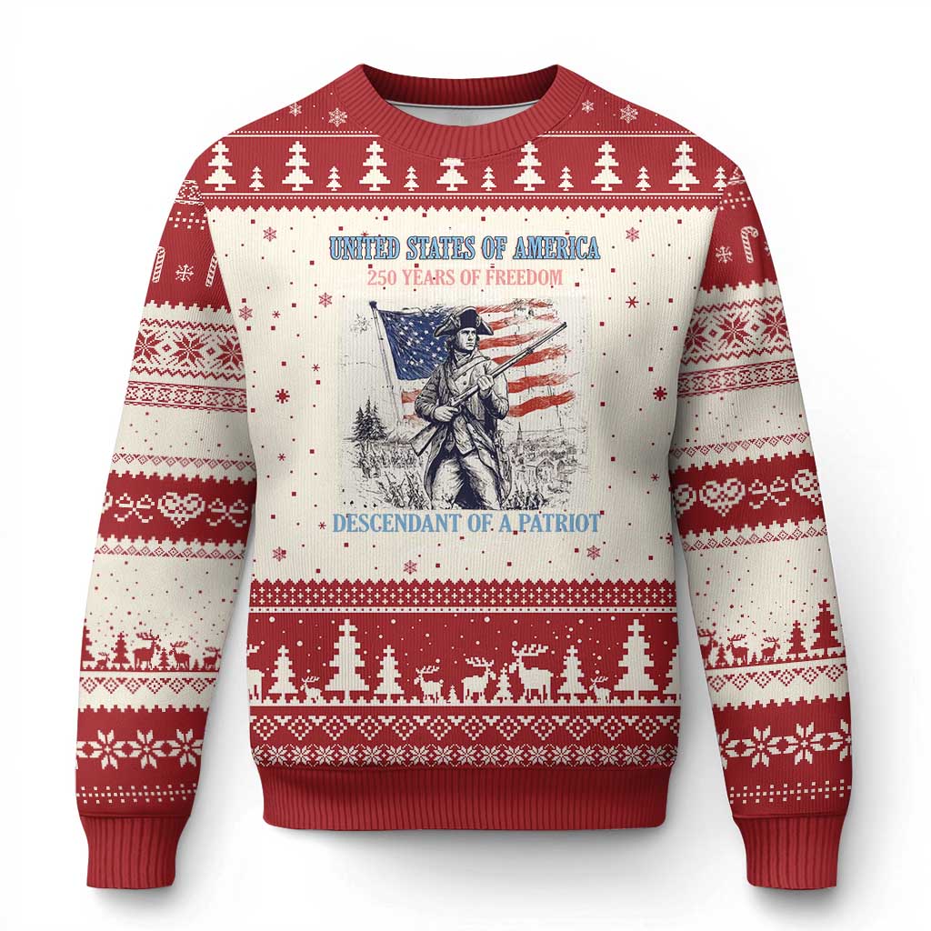 Custom Name Descendant of a Patriot USA 250 Years of Freedom Personalized Ugly Christmas Sweater 1776-2026 Revolutionary War Heritage TS02 Beige Red Print Your Wear
