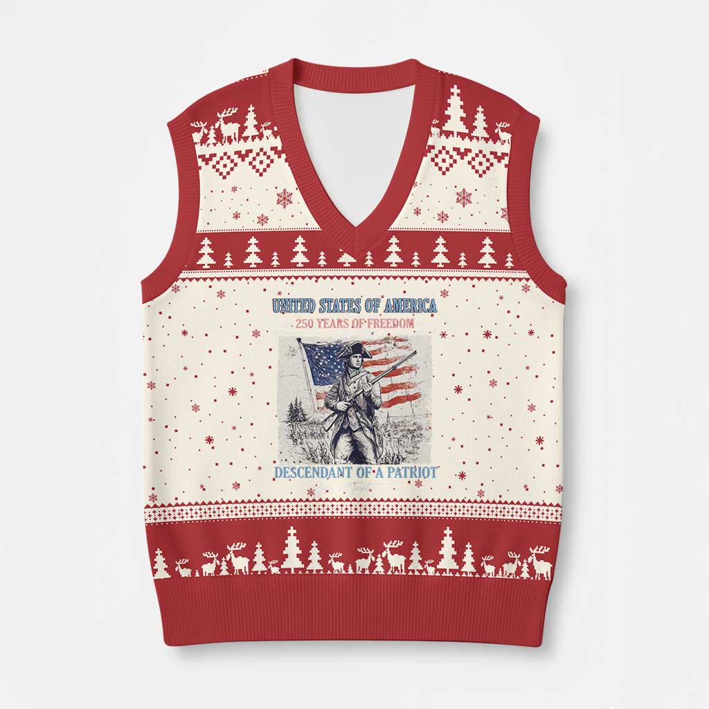 Custom Name Descendant of a Patriot USA 250 Years of Freedom Personalized V-Neck Knit Sweater Vest 1776-2026 Revolutionary War Heritage TS02 Beige Red Print Your Wear