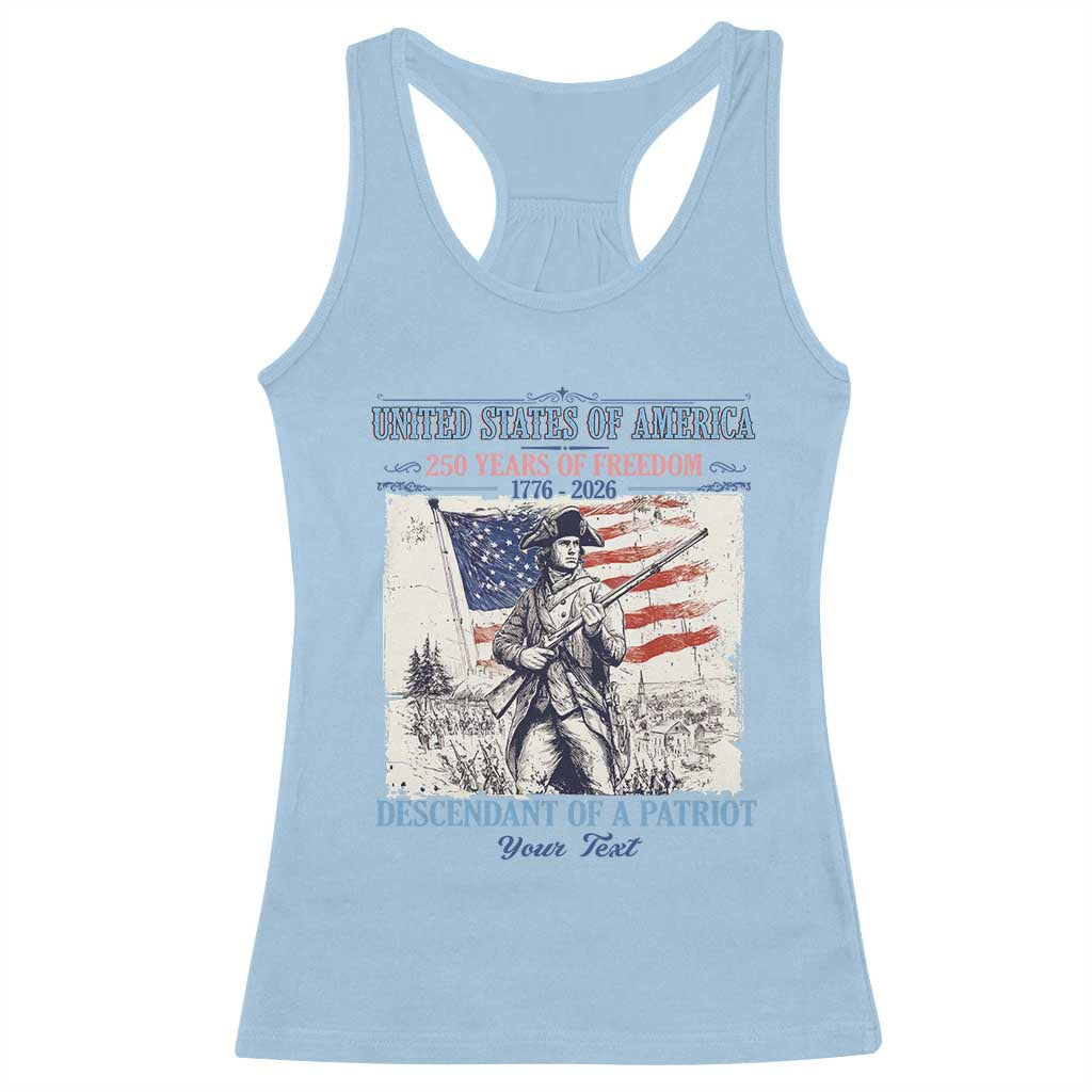 Custom Name Descendant of a Patriot USA 250 Years of Freedom Personalized Racerback Tank Top 1776-2026 Revolutionary War Heritage TS02 Light Blue Print Your Wear