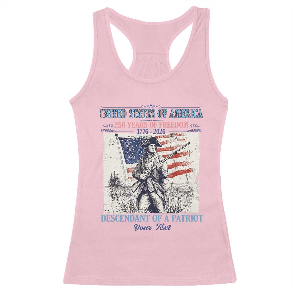Custom Name Descendant of a Patriot USA 250 Years of Freedom Personalized Racerback Tank Top 1776-2026 Revolutionary War Heritage TS02 Light Pink Print Your Wear