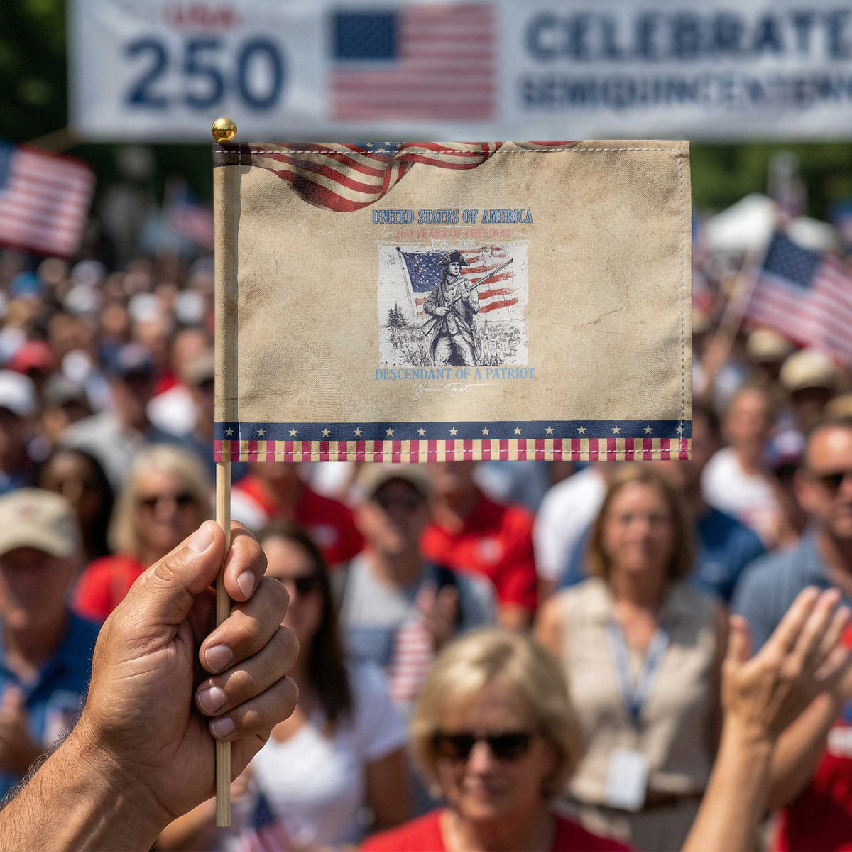Custom Name Descendant of a Patriot USA 250 Years of Freedom Personalized Patriotic Handheld Flag 1776-2026 Revolutionary War Heritage TS02 Vintage 8.2