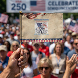 Custom Name Descendant of a Patriot USA 250 Years of Freedom Personalized Patriotic Handheld Flag 1776-2026 Revolutionary War Heritage TS02 Vintage 8.2" × 5.5" Rustic Tan Navy Print Your Wear