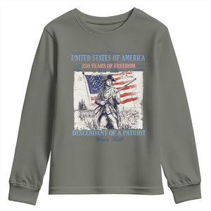 Custom Name Descendant of a Patriot USA 250 Years of Freedom Personalized Youth Sweatshirt 1776-2026 Revolutionary War Heritage TS02 Military Green Print Your Wear