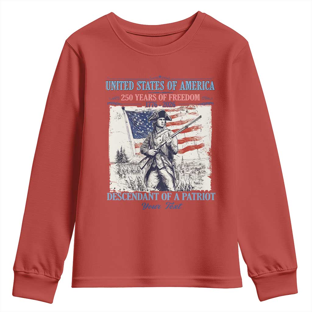Custom Name Descendant of a Patriot USA 250 Years of Freedom Personalized Youth Sweatshirt 1776-2026 Revolutionary War Heritage TS02 Red Print Your Wear
