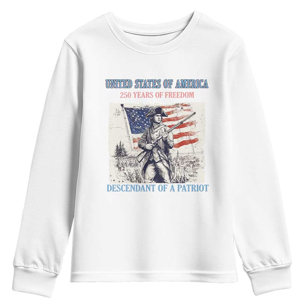 Custom Name Descendant of a Patriot USA 250 Years of Freedom Personalized Youth Sweatshirt 1776-2026 Revolutionary War Heritage TS02 White Print Your Wear