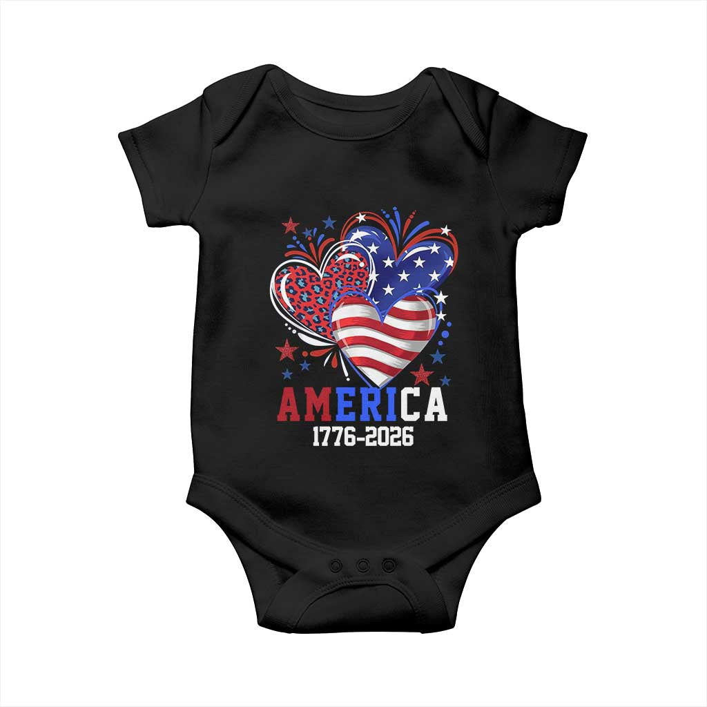 America 1776-2026 Patriotic Hearts Baby Onesie Semiquincentennial 250th Anniversary Red White Blue Stars and Stripes TS02 Black Print Your Wear
