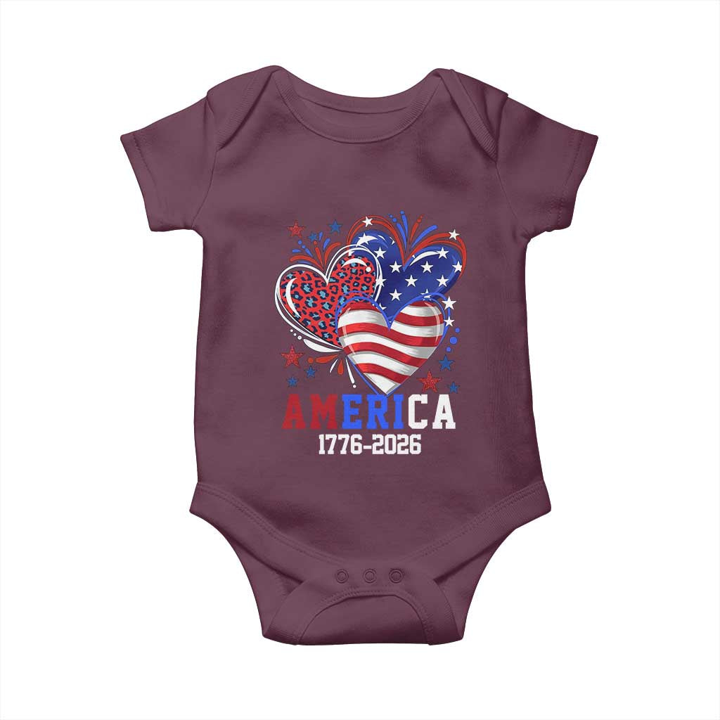 America 1776-2026 Patriotic Hearts Baby Onesie Semiquincentennial 250th Anniversary Red White Blue Stars and Stripes TS02 Maroon Print Your Wear